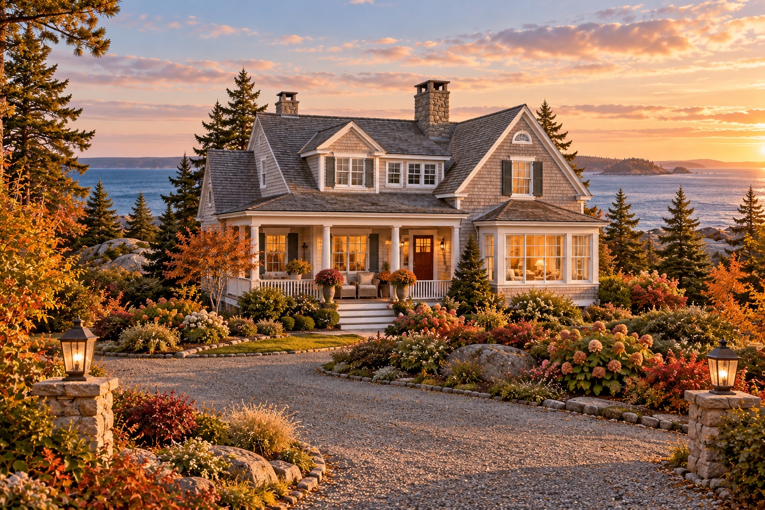 A cared-for shingle cottage with the ocean behind it.