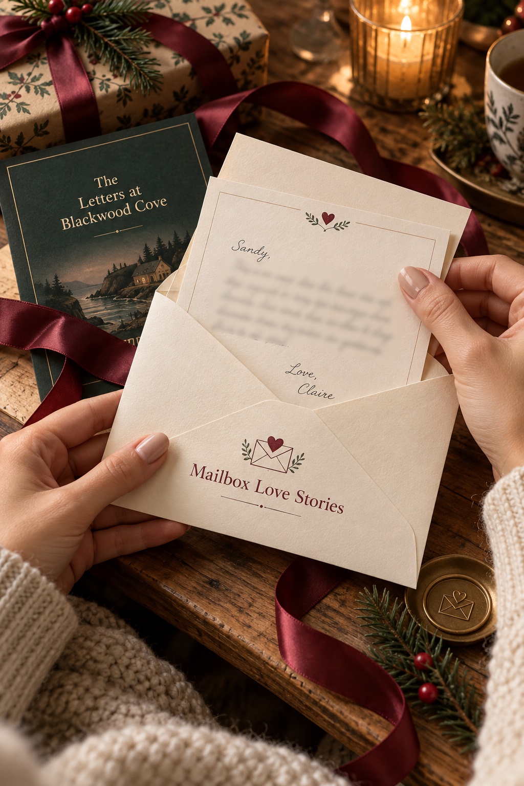 Concept illustration of a branded Mailbox Love Stories envelope, story letter, ribbon and holiday gift setting