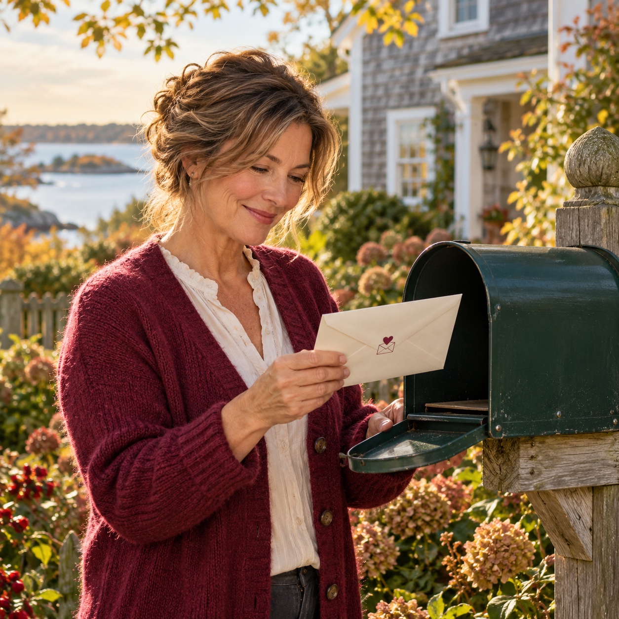Illustrative scene of a woman smiling as she collects a story envelope from her mailbox