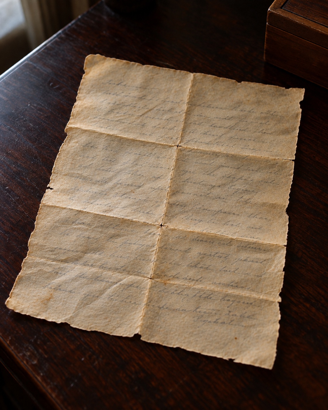 Illustrative recreation of a fragile old letter unfolded on a writing desk.